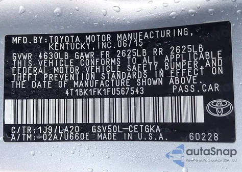 2015 Toyota Camry Xle V6 z USA, uszkodzony, nr VIN 4T1BK1FK1FU567543